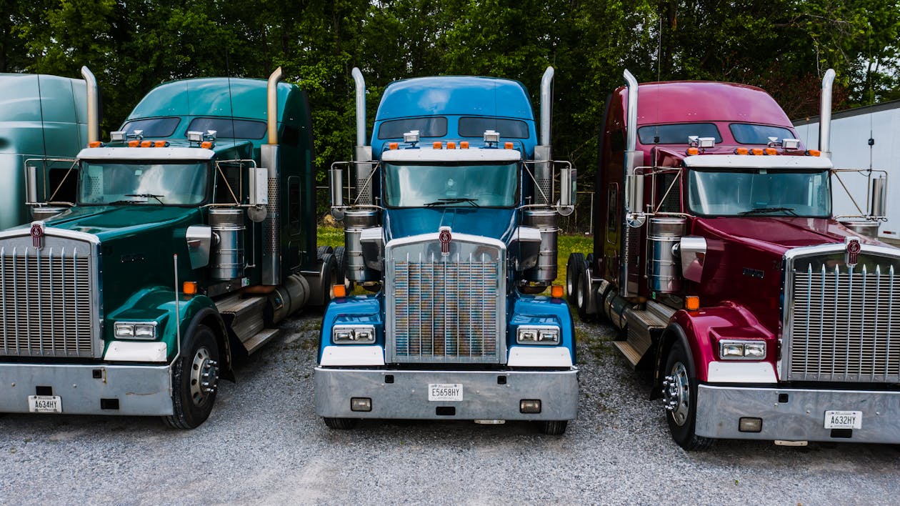 Free Vintage classic trucks of different colors parked in row on asphalt road against green trees Stock Photo
