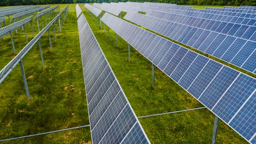 Solar modules on green field in photovoltaic station