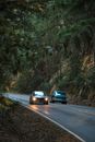 Driving cars on asphalt road between mountain with trees