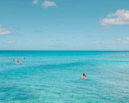 A breathtaking aerial shot of surfers enjoying the turquoise ocean in Hawaii.