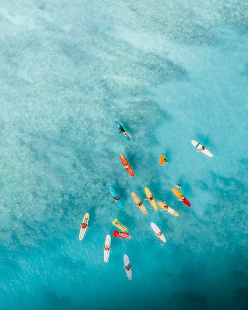 Free Vibrant aerial shot of surfers in the clear blue ocean near Waikiki, Hawaii. Stock Photo