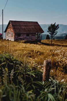 Abandoned lopsided weathered cottage located on grassy lawn in hillside in tranquil countryside during clear summer afternoon