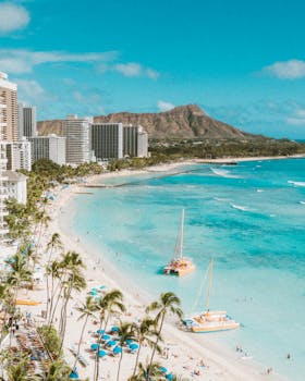 Stunning aerial view of Waikiki Beach with Diamond Head in the background, featuring turquoise waters and sunny skies.