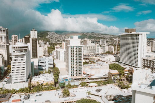 A vibrant aerial view of Waikiki in Honolulu showcasing the skyline against lush mountains.