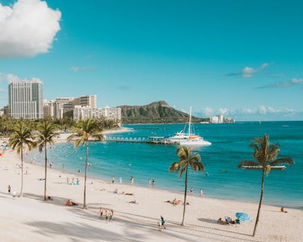A stunning aerial view of Waikiki Beach and Diamond Head, capturing the tropical beauty of Hawaii.