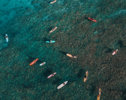 Drone view of colorful surfers in Waikiki's turquoise sea, Oahu, Hawaii's vibrant coast.