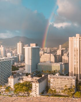 檀香山的鸟瞰图令人惊叹，城市和海滩上空挂着一道彩虹