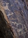 From above of shabby ancient drawings of animals on cracked surface of stone cave