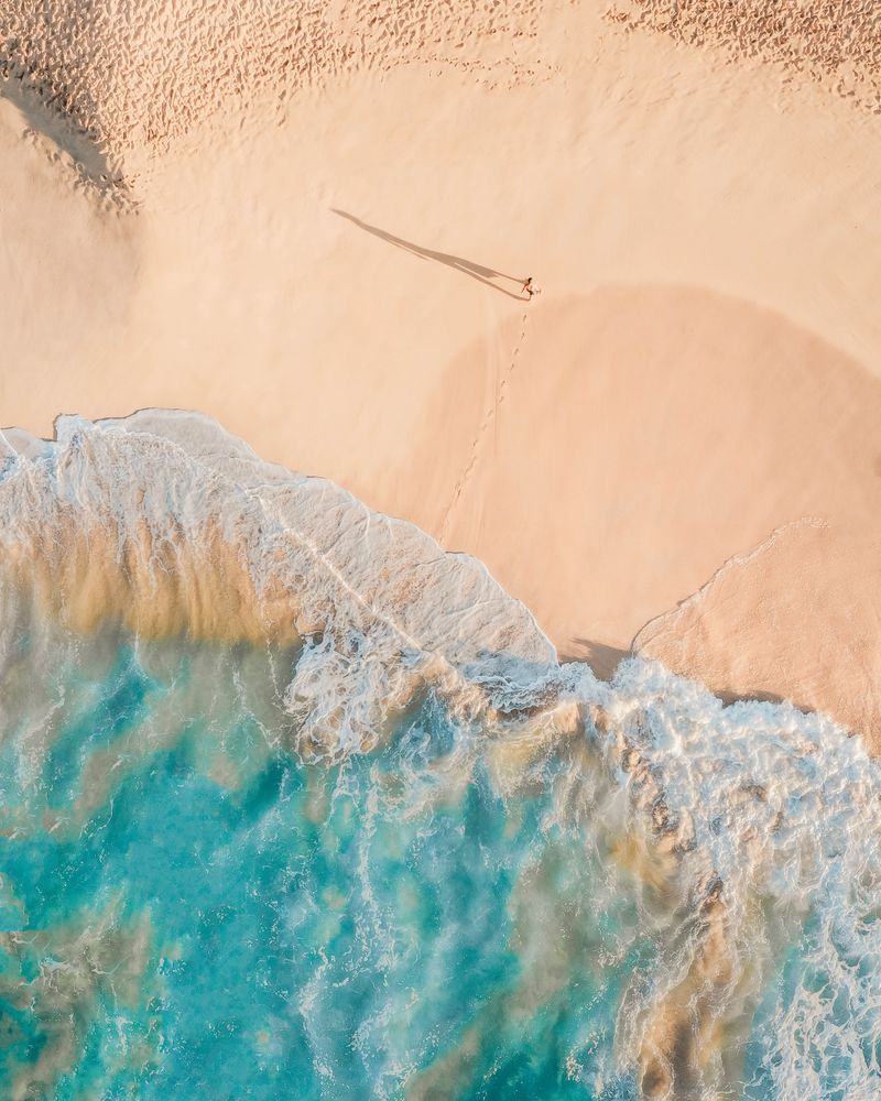 Aerial view of turquoise Caribbean coastline with sandy beach