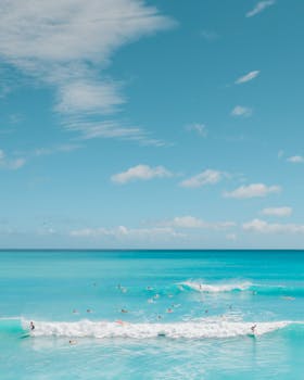 A stunning aerial view capturing surfers riding waves on a sunny day in Hawaii.