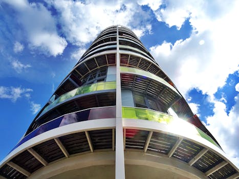 低角度视角下的现代摩天大楼，配有彩色玻璃板和明亮的蓝天