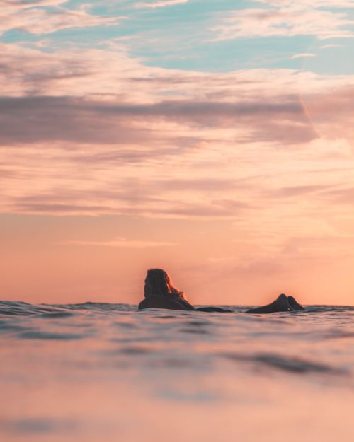 Free A lone surfer paddles in the ocean during a beautiful sunset in Hawaii. Stock Photo
