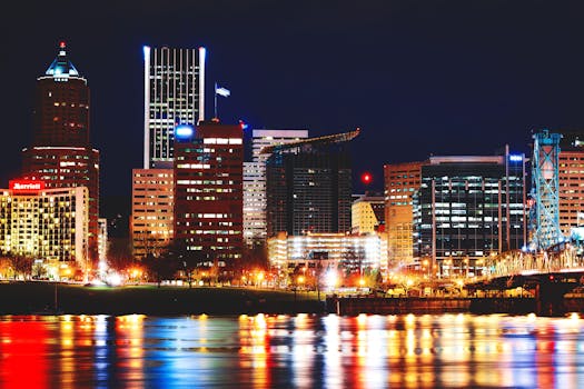 Vibrant Portland cityscape with reflections on the river and brightly lit skyscrapers at night.