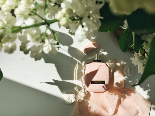 Top view of feminine perfume bottle placed on table near delicate blooming white flowers bouquet on sunny day