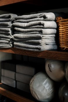 Neatly arranged yoga mats, blocks, and balls on wooden shelves in a studio.