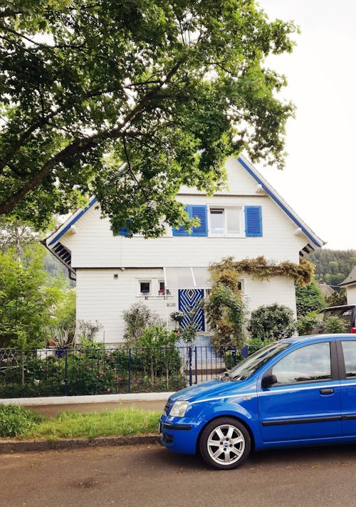 Free stock photo of blue car, details, house