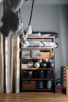 A neatly organized shelving unit with yoga and gym equipment, perfect for fitness spaces.