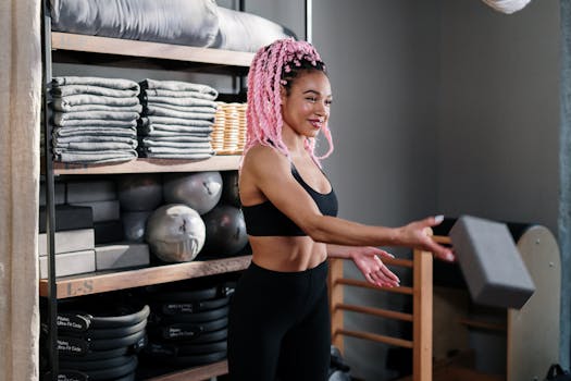 A fit yoga instructor with pink hair teaches in a studio with various yoga props.