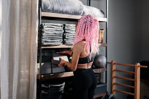 A yoga instructor with pink braids arranges equipment in an indoor studio, promoting wellness and fitness.