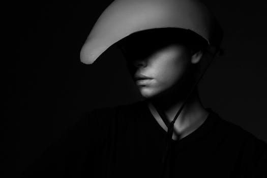 一位模特戴着独特头盔，在阴影中呈现艺术黑白肖像