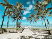 美丽的威基基海滩，蔚蓝的天空下有棕榈树和救生塔