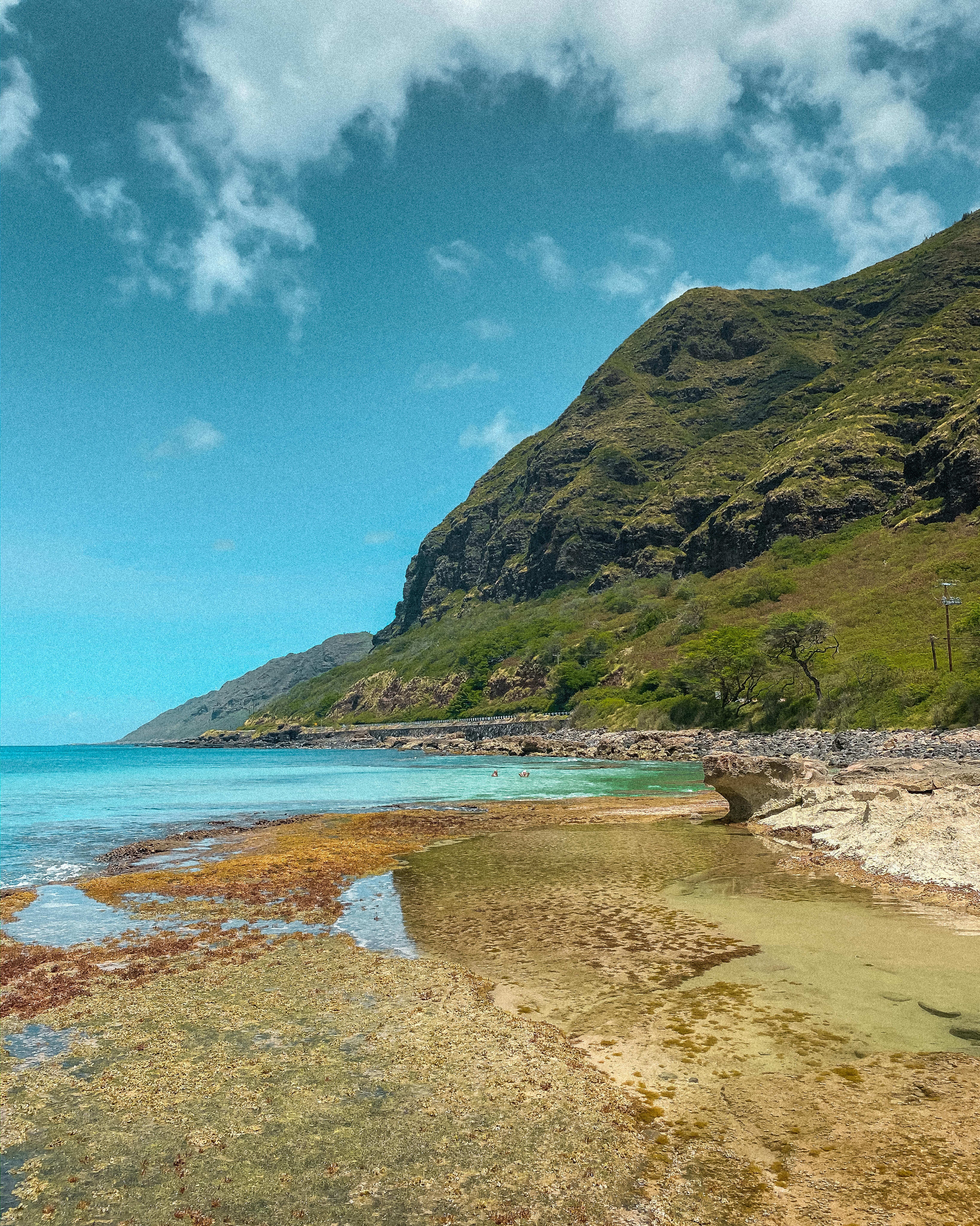 夏威夷岩石海岸线的壮丽景色，郁郁葱葱的山脉和清澈的蓝天