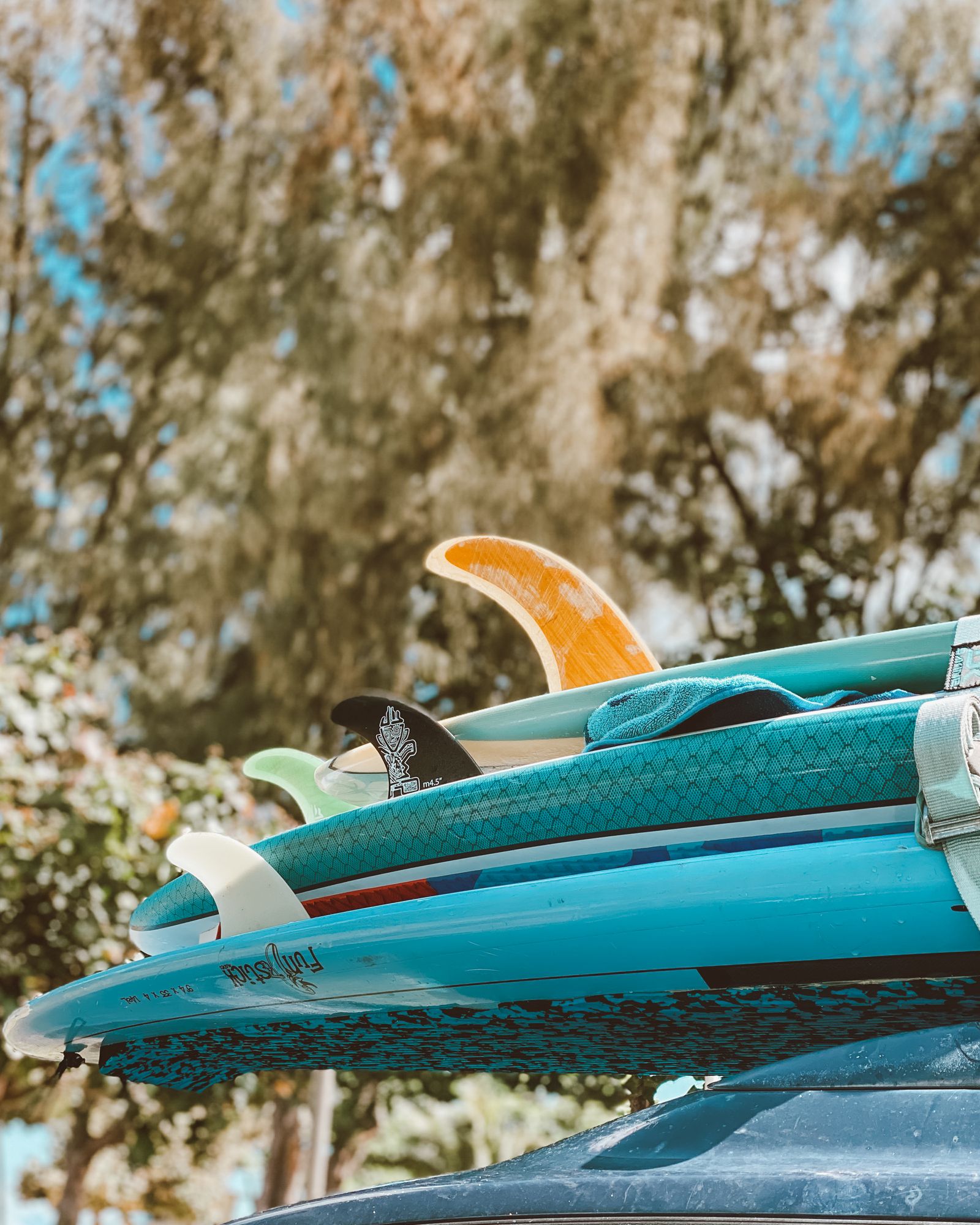 Surfboards stacked and ready to travel, Haleiwa, Hawaii