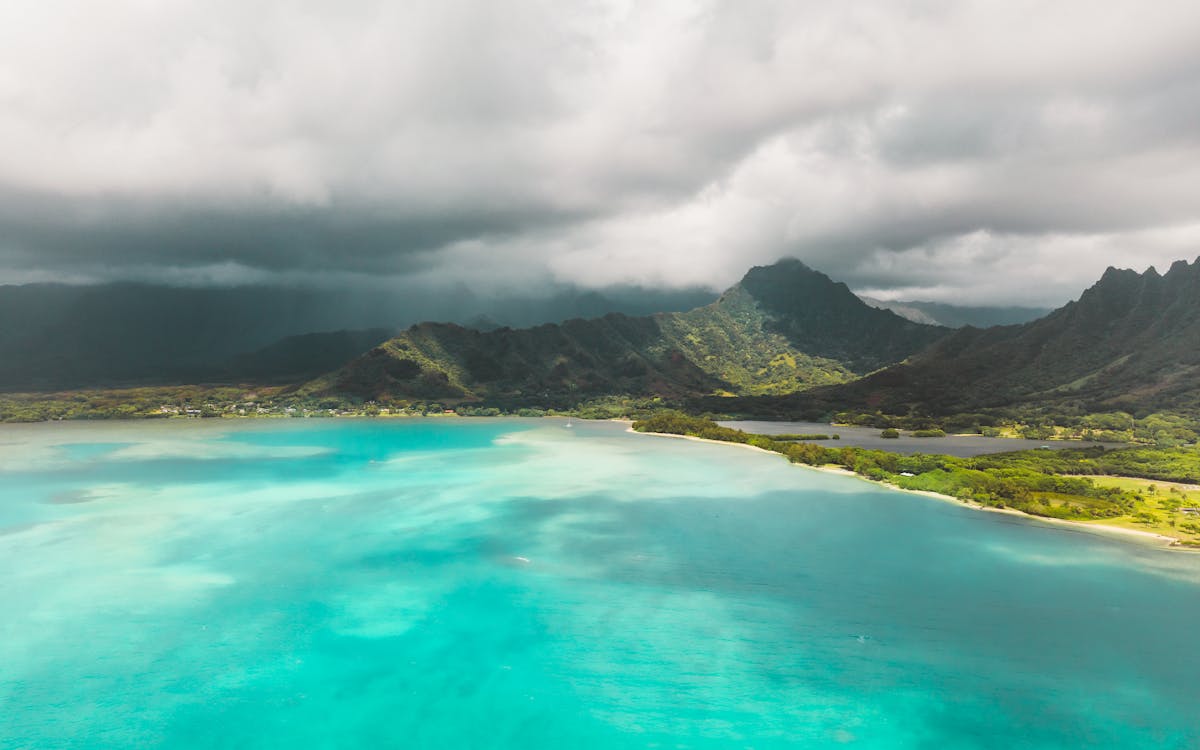 Aerial view of Kaneohe Bay and the Koolau Mountains
