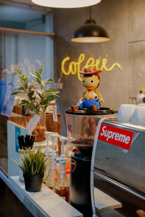 Various coffee equipments placed on table under light round lamps in modern cafe