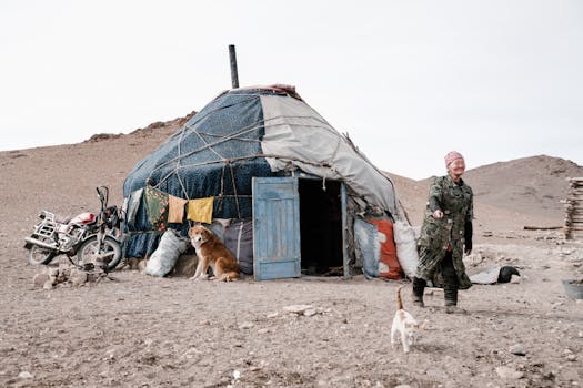 A woman outside a traditional Mongolian yurt with a dog and cat in the Gobi Desert, capturing nomadic life.