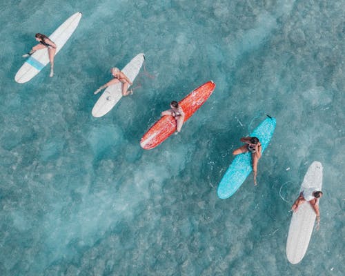 Drone Shot of People on Surfboards