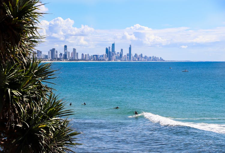 Surfers Surfing On Blue Sea