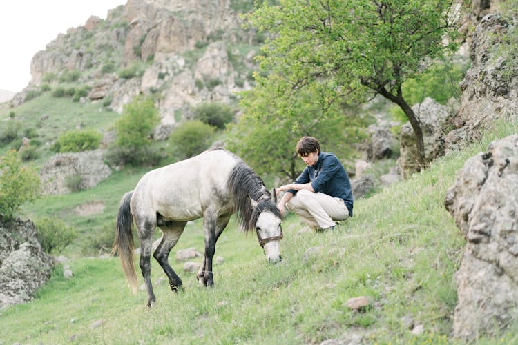 Young Man With Grazing Horse On Meadow