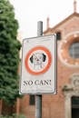 Original sign prohibiting entrance to park with dogs with inscription in Italian against blurred ancient basilica