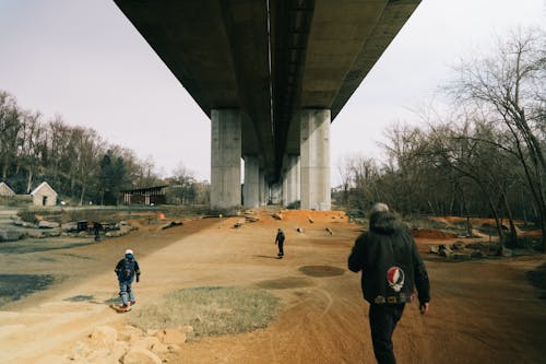 Free Back view faceless teenagers in warm clothes riding skateboards on sandy ground under concrete bridge on early spring day Stock Photo