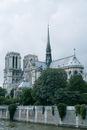 Notre Dame de Paris in greenery on cloudy day