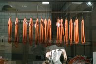 Through glass back view of unrecognizable worker in white T shirt at meat preserving factory with long sausages hanging from metal rail in tiled room