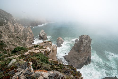 Sea waves washing cliff with fog