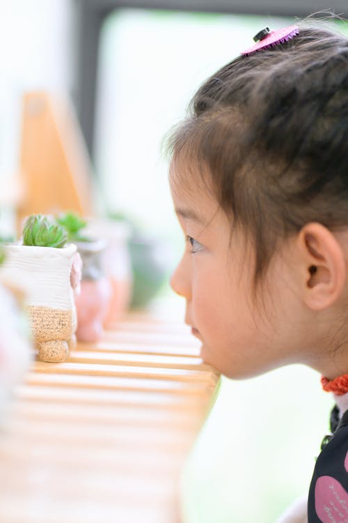 Side view of crop cute little Asian girl sitting at wooden table and watching at small decorative plants