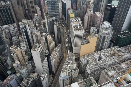 Free Breathtaking aerial view showcasing the dense skyscraper landscape of Hong Kong Island. Stock Photo