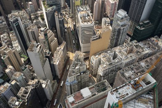 A stunning bird's-eye view of the modern skyscrapers and urban landscape in Hong Kong Island's central business district.