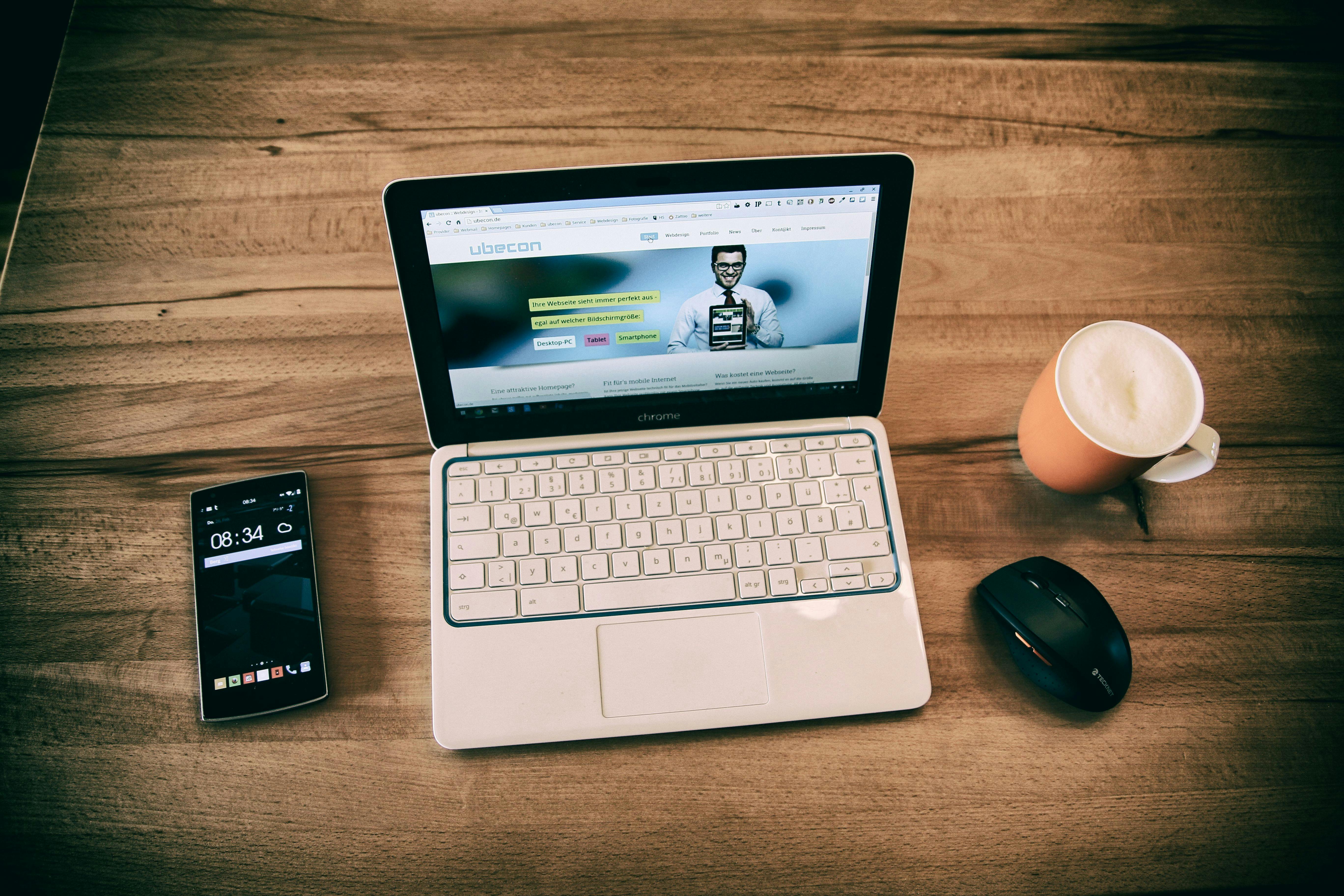 Free stock photo of coffee, cup, smartphone, desk