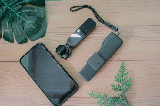 A flat lay of modern gadgets including a smartphone and gimbal on a wooden surface decorated with leaves.