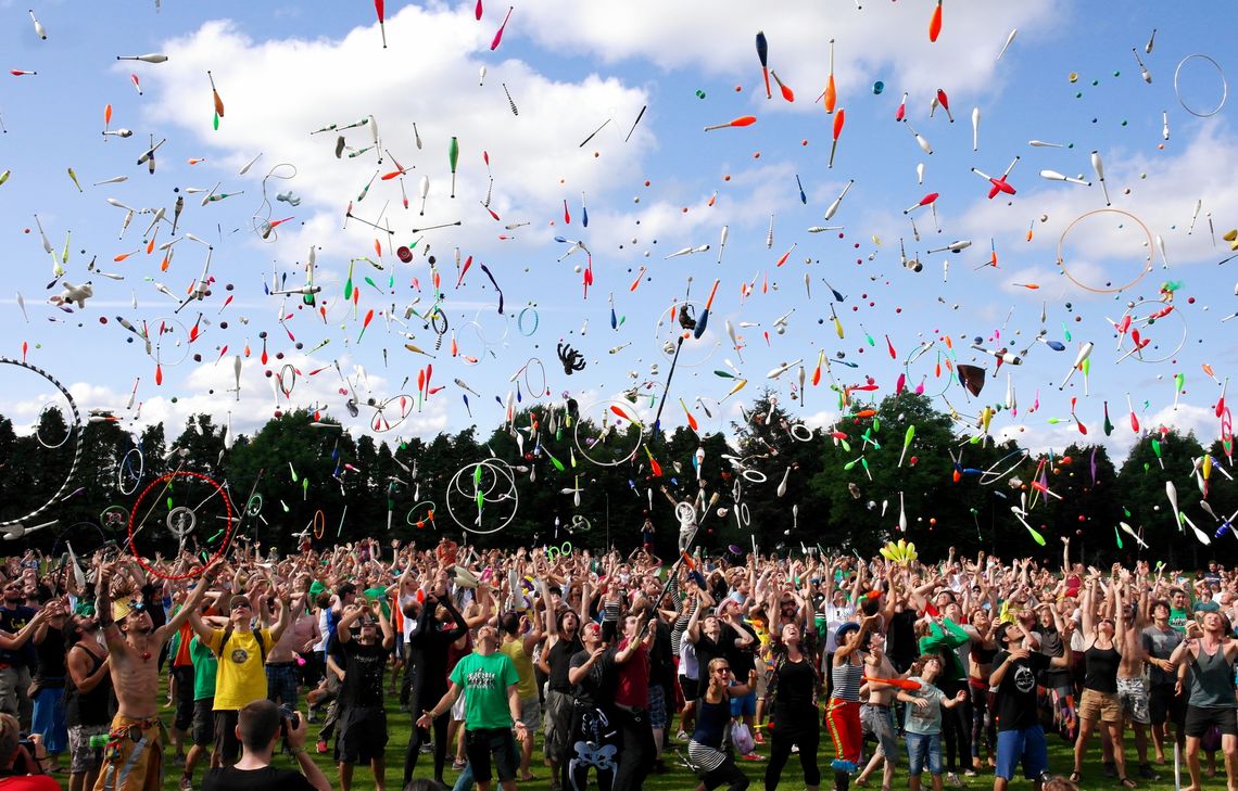 Festive party scene with balloons, celebration lights, and colorful event decor