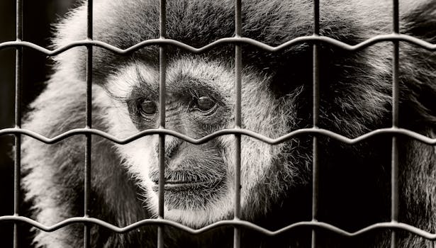 笼子后面，一只悲伤的猴子特写，反映了被囚禁的情绪