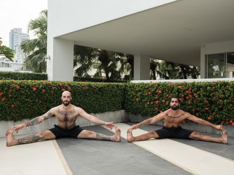Two men engage in an outdoor yoga session, showcasing flexibility and concentration.