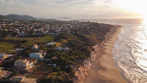 An Aerial Photography of a Beach Near the Green Trees and Houses in the City