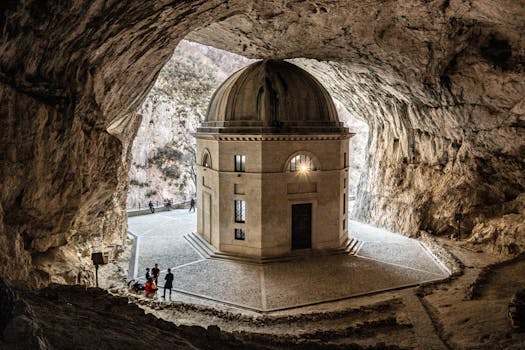 Scenic view of Tempio del Valadier within a cave in Genga, Italy. Iconic travel destination.
