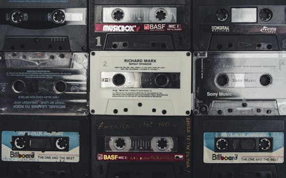 A nostalgic collection of vintage audio cassettes, showcasing iconic music from past decades.