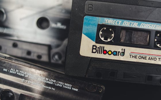 A nostalgic close-up of vintage audio cassette tapes, evoking memories of analog music and retro technology.